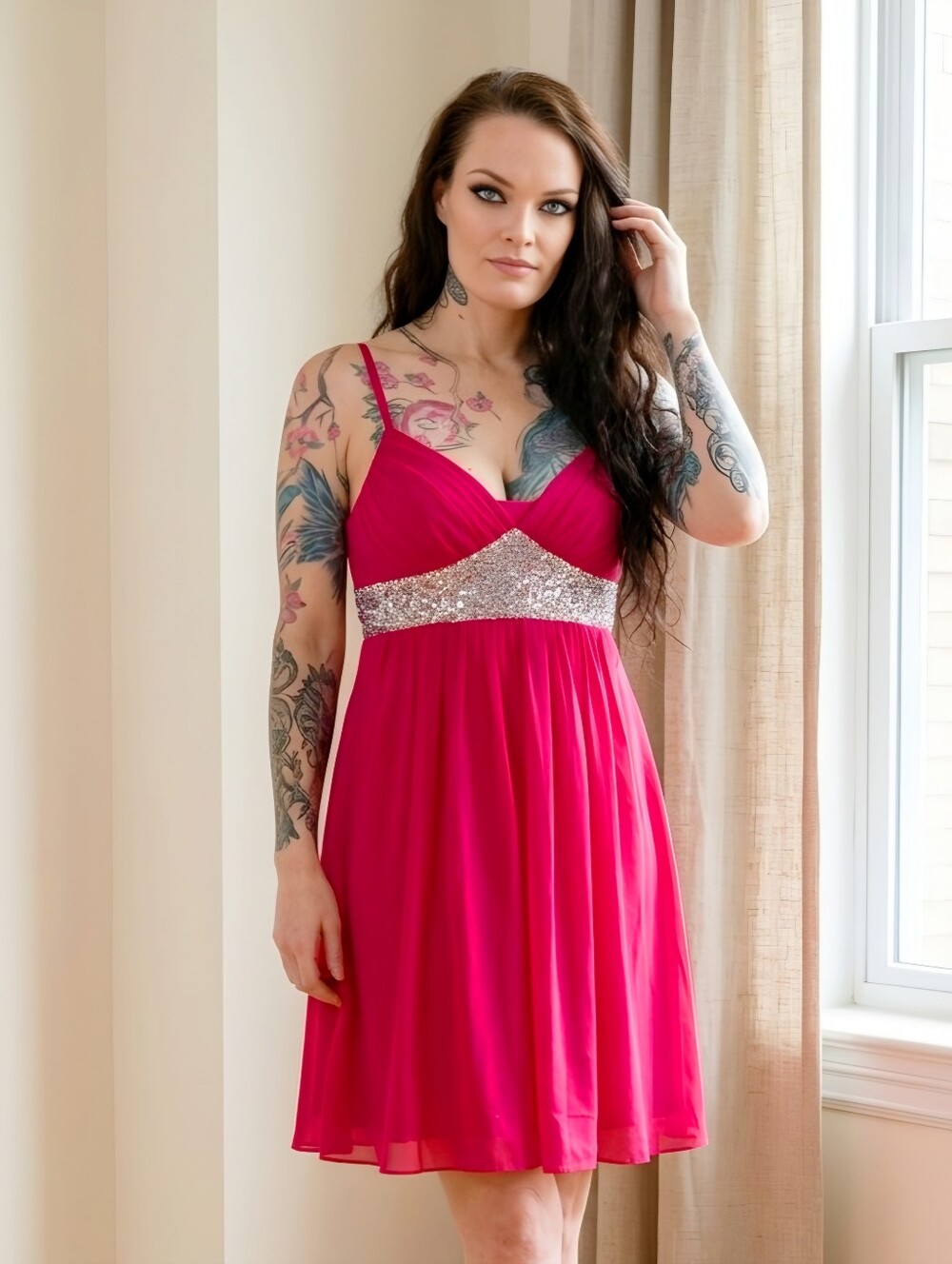 Byer California ✦ Red Chiffon Empire Waist Dress ✦ Sequin Band Spaghetti Straps